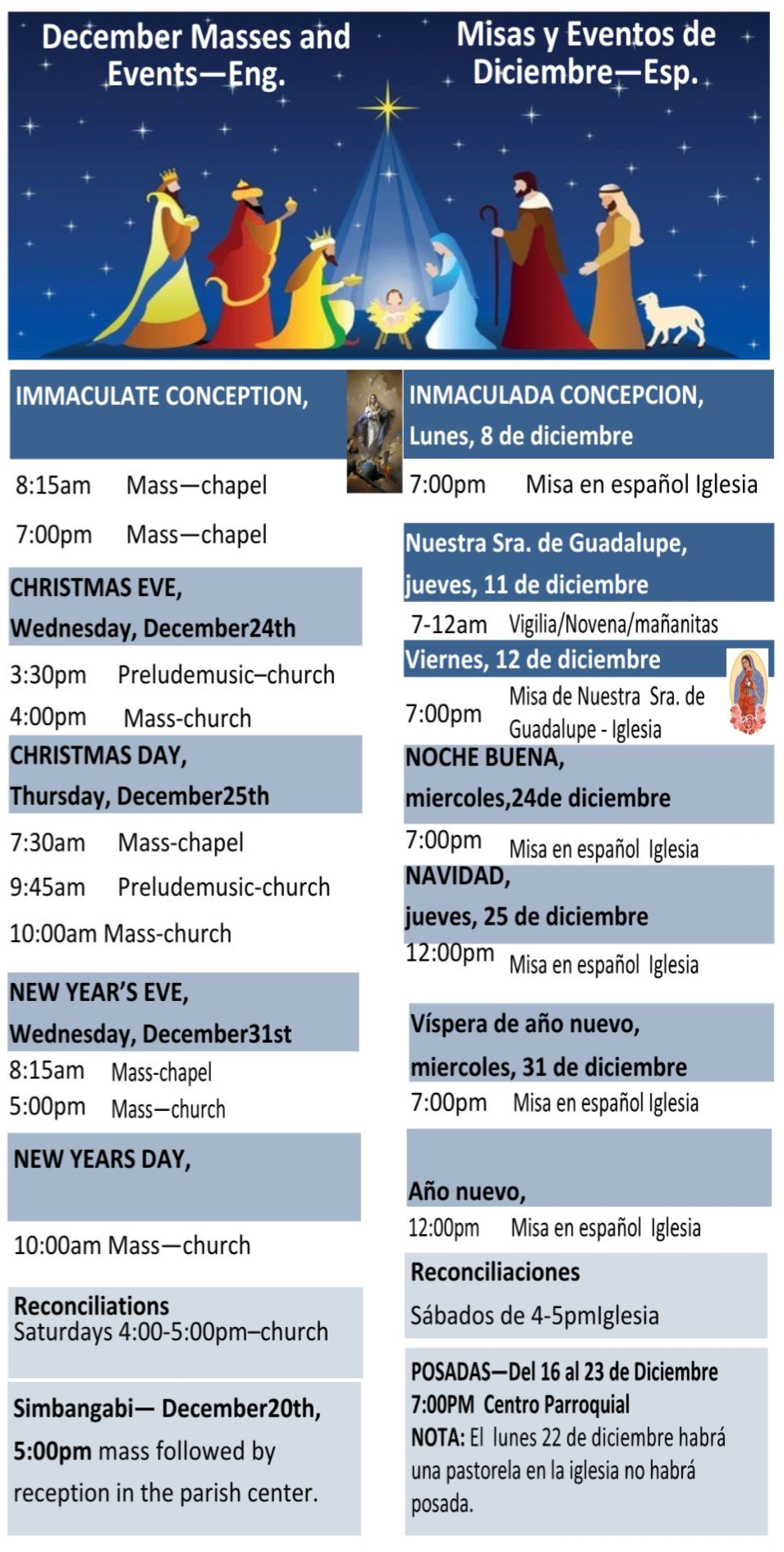 December Masses & Events / Misas y Eventos de Diciembre